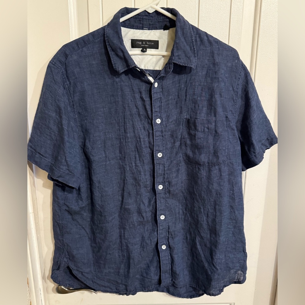 Rag & Bone Fit 3 Button Up Short Sleeve Shirt Mens xl Navy Blue Minimalist